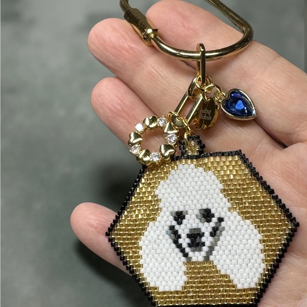 Hand Crafted Beaded White Poodle Face Gold Color Keychain with Charms